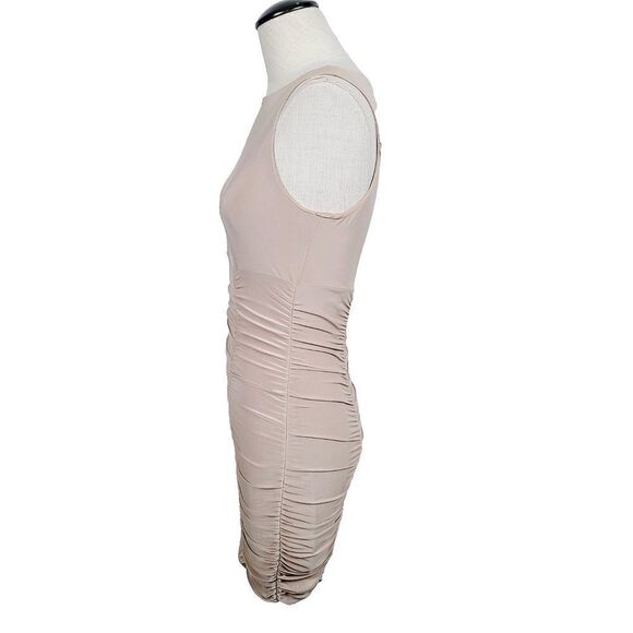 21 Saints Tank Mini Dress S Beige Stretch Ruched Sleeveless Bodycon Sexy Popover - Picture 3 of 5